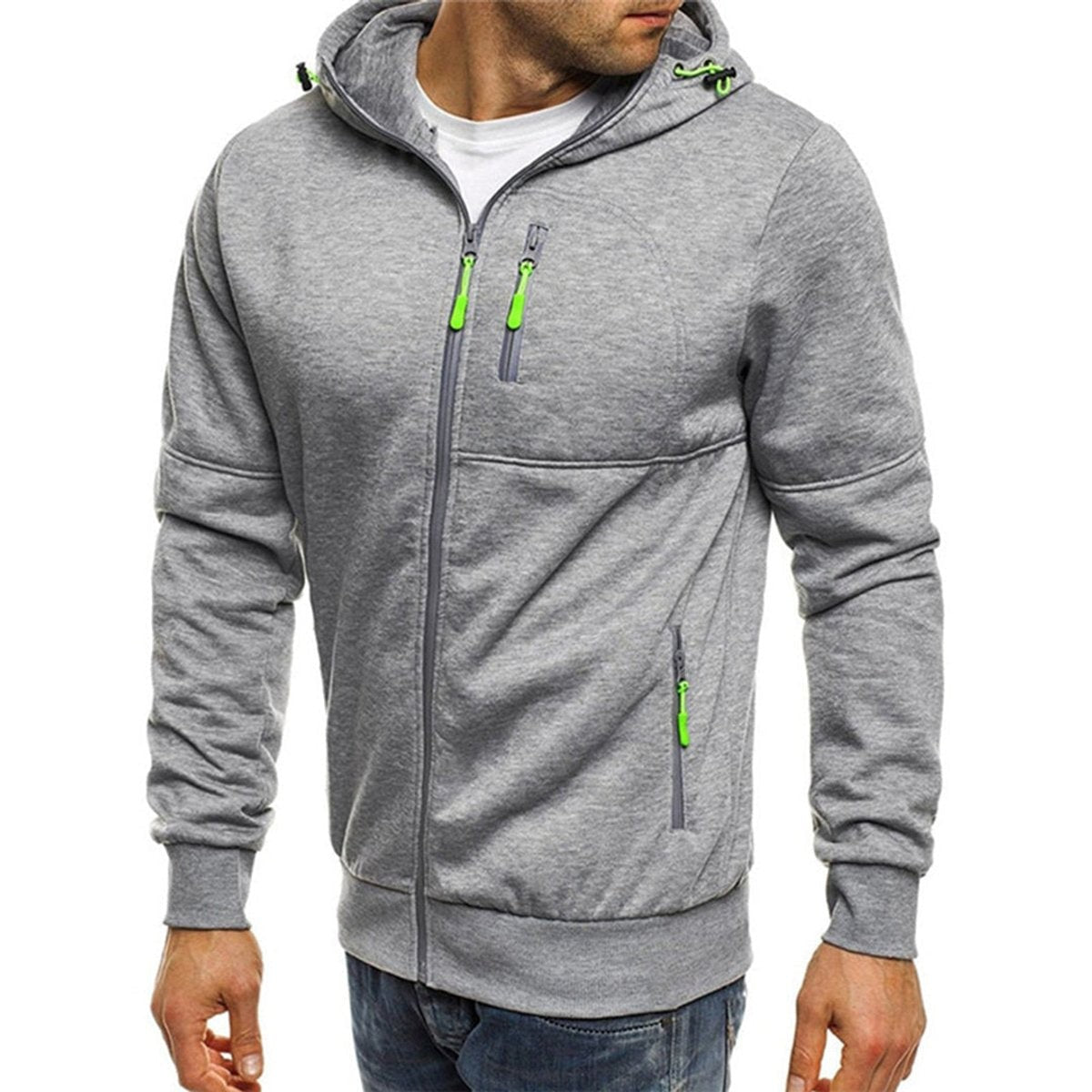 Light grey zip-up hoodie with green zip pullers and fleece finish