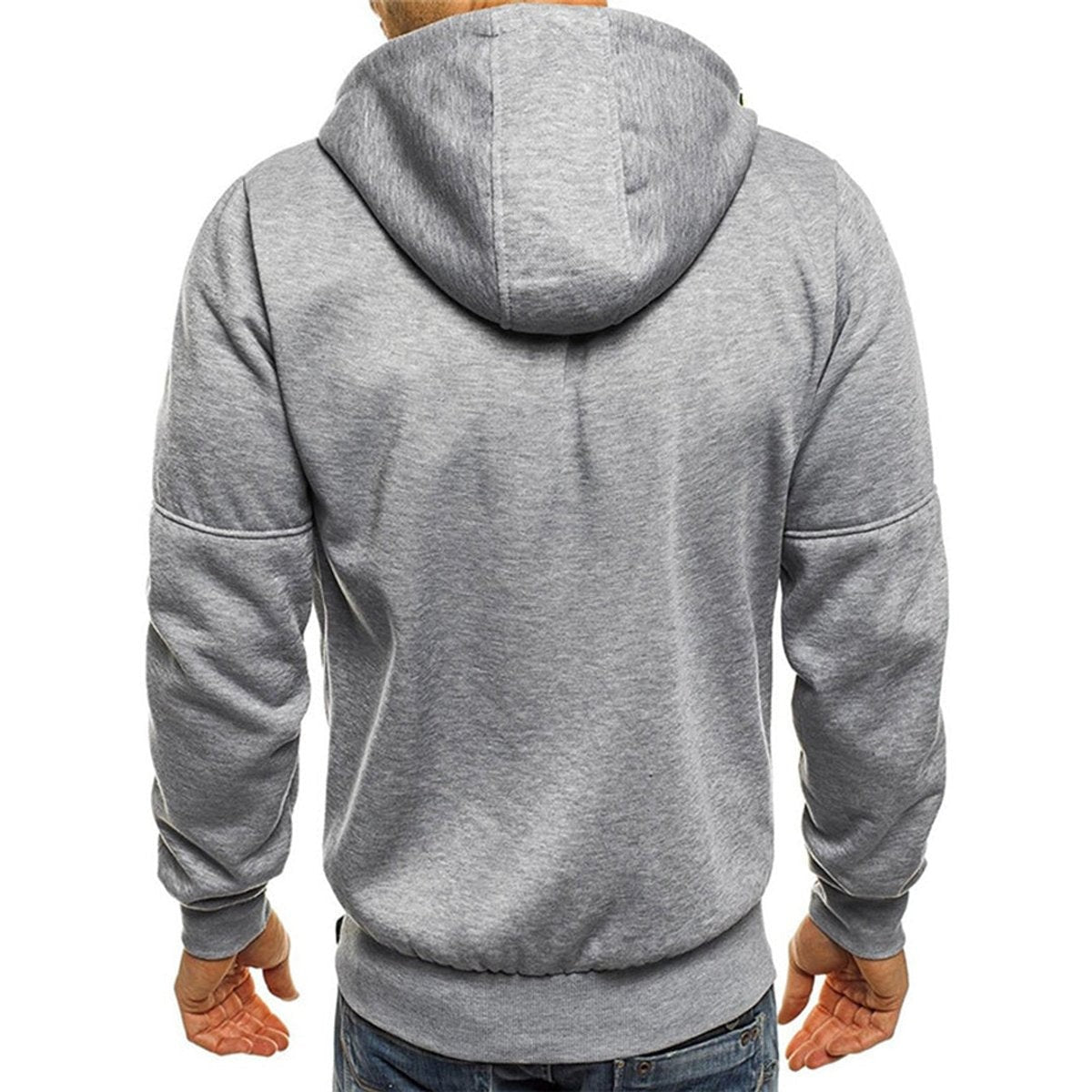 Rear view of grey full-zip hoodie showing hood and seam detailing