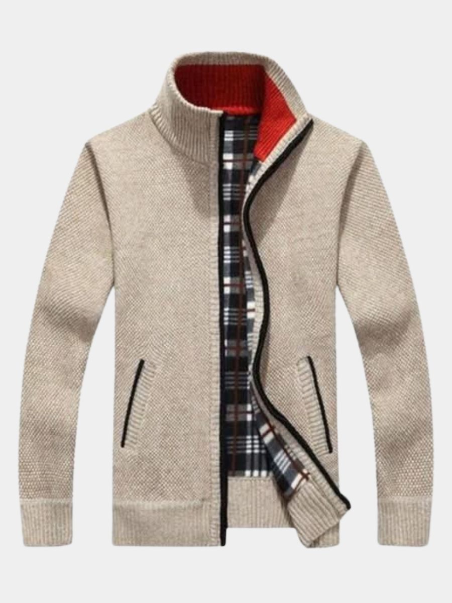 Beige knit zip-up cardigan with tartan trim and stand collar