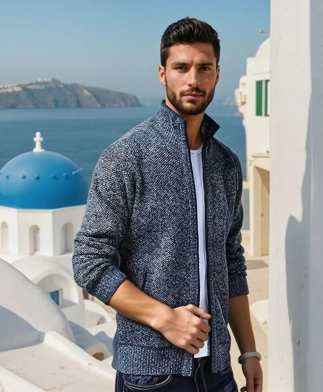 Man in navy textured zip-up knit jacket standing by coastal scenery