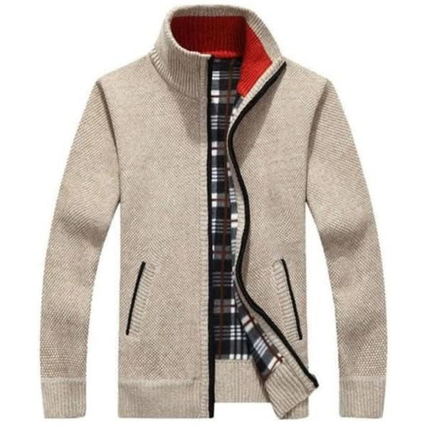 Oatmeal zip-front knitted jacket with checked inner lining detail