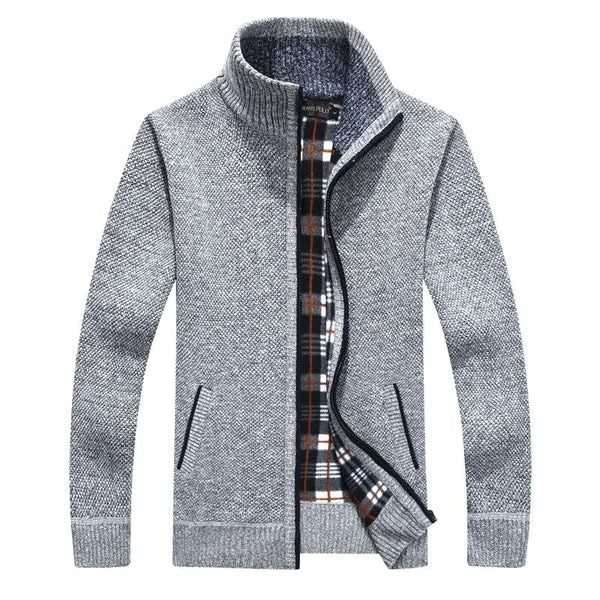 Grey marl zip-up knitted cardigan with tartan-lined stand collar