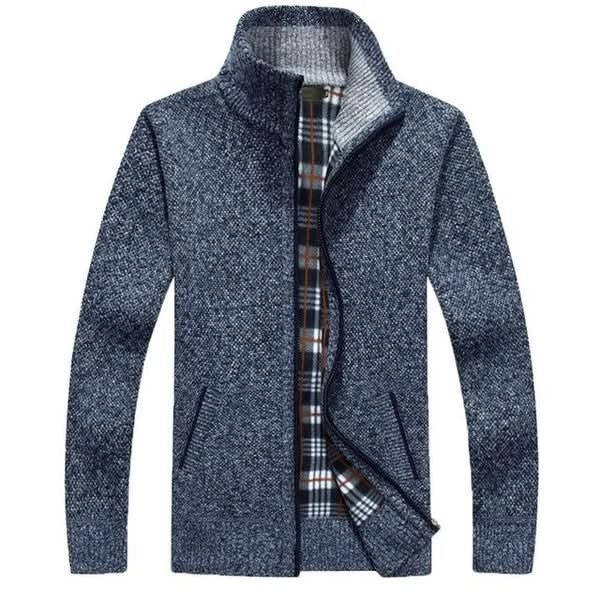 Navy marl full-zip knit jacket with contrast tartan lining