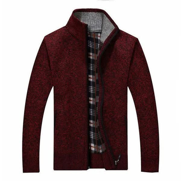 Burgundy textured zip-up cardigan with chequered inside trim