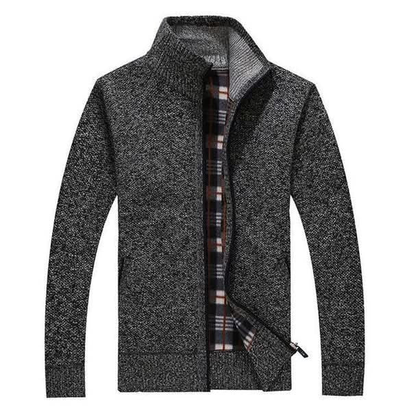 Charcoal knit zip jacket with grey tartan-lined stand collar