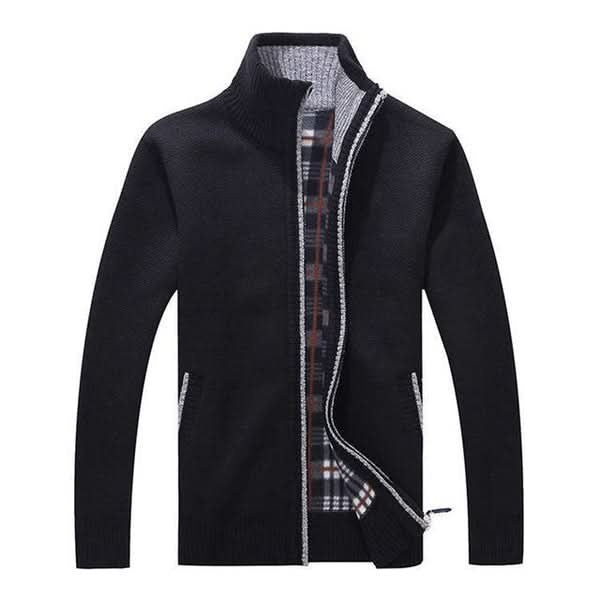 Black zip-up knitted cardigan with contrast tartan inner lining