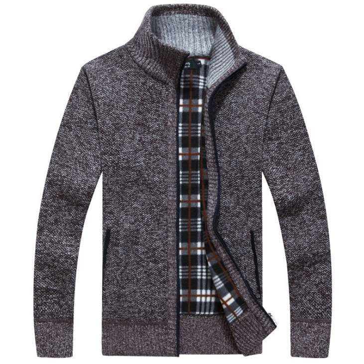 Brown marl knit zip cardigan with tartan-lined stand collar