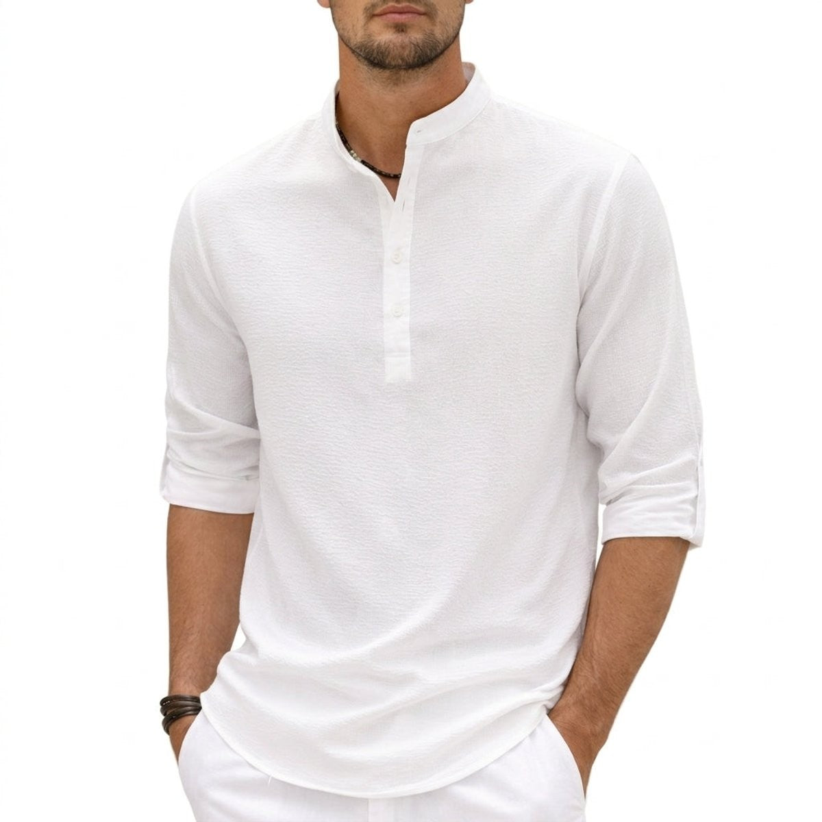 White linen henley shirt with grandad collar and roll-up sleeves