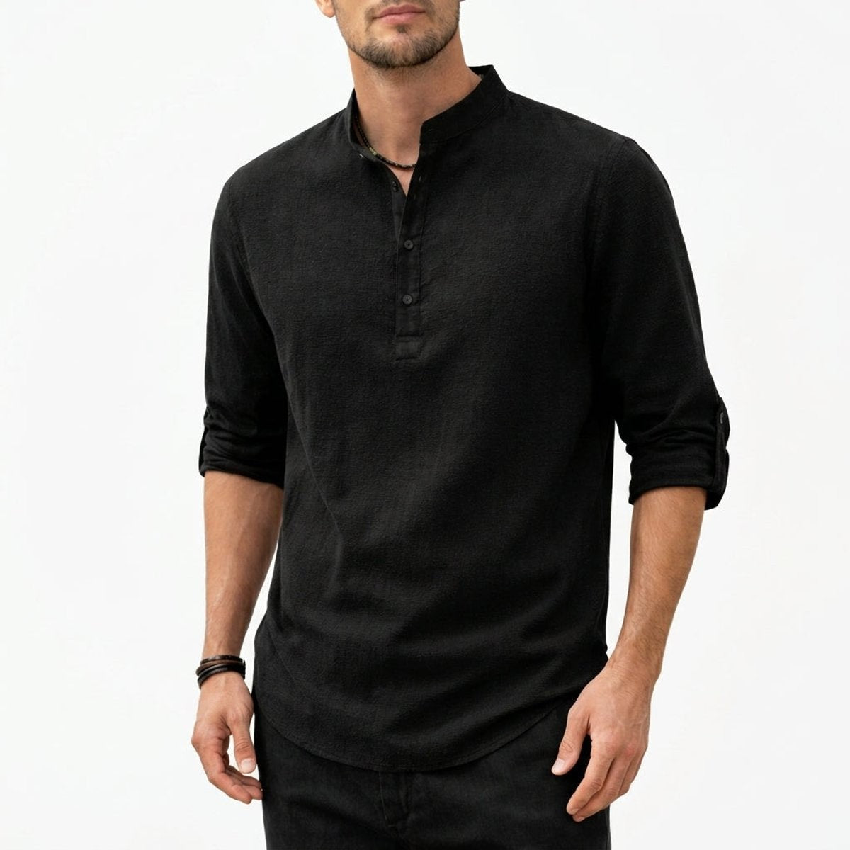 Black linen henley shirt with buttoned grandad collar and long sleeves