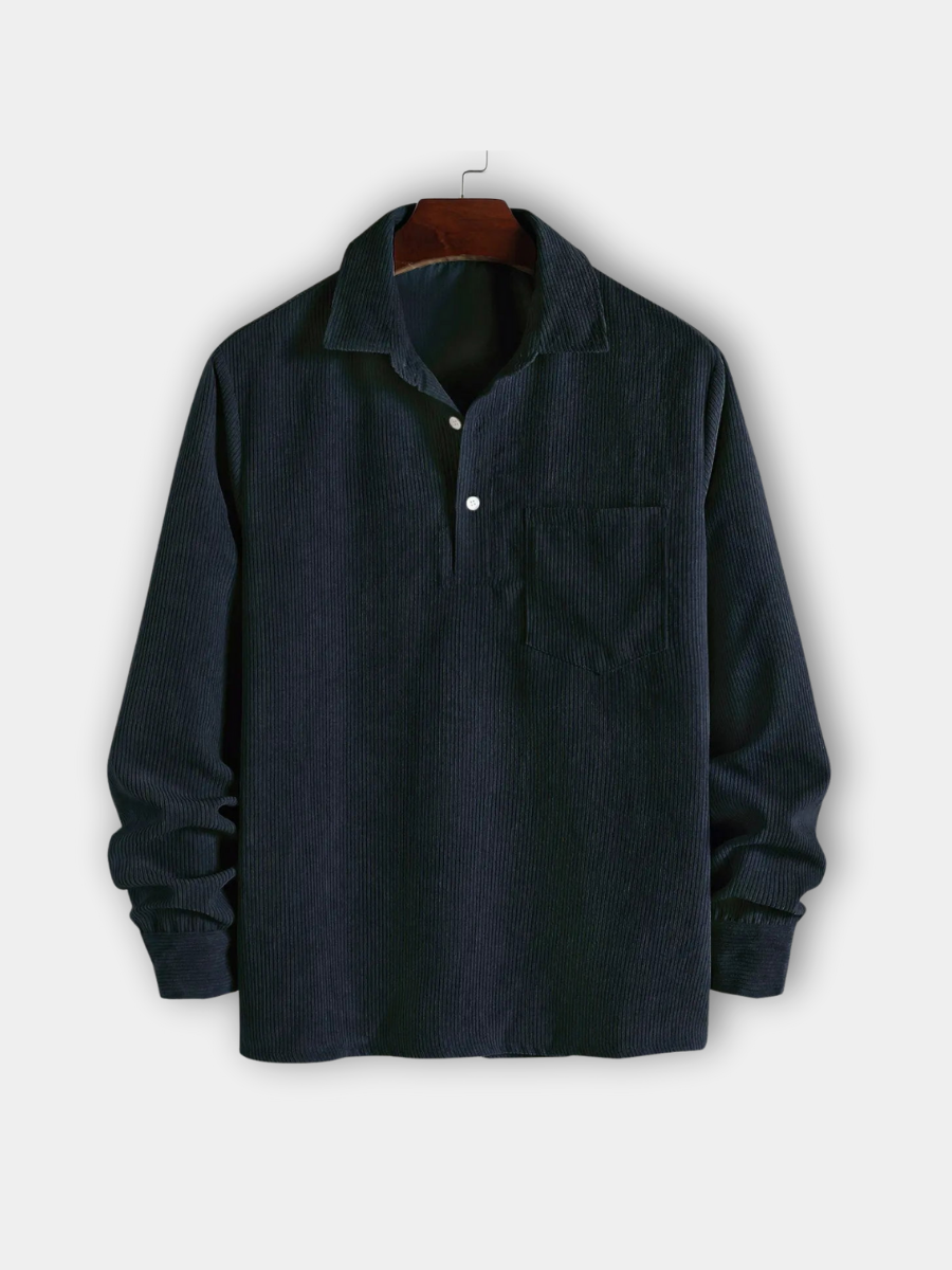 Navy corduroy long sleeve shirt with collar and chest pocket on hanger