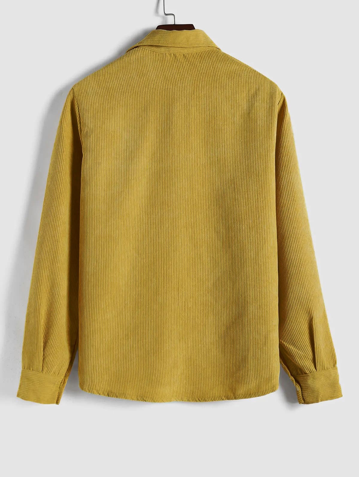 Back view of mustard yellow corduroy shirt showing ribbed fabric