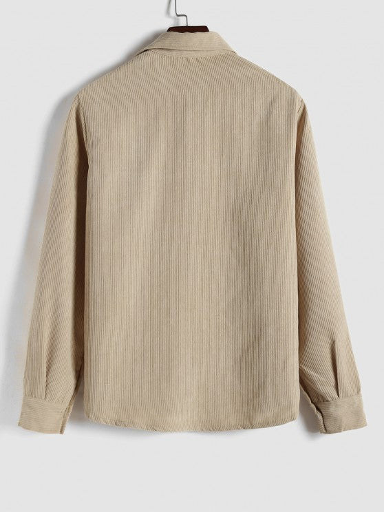 Back view of beige corduroy shirt with collar detail