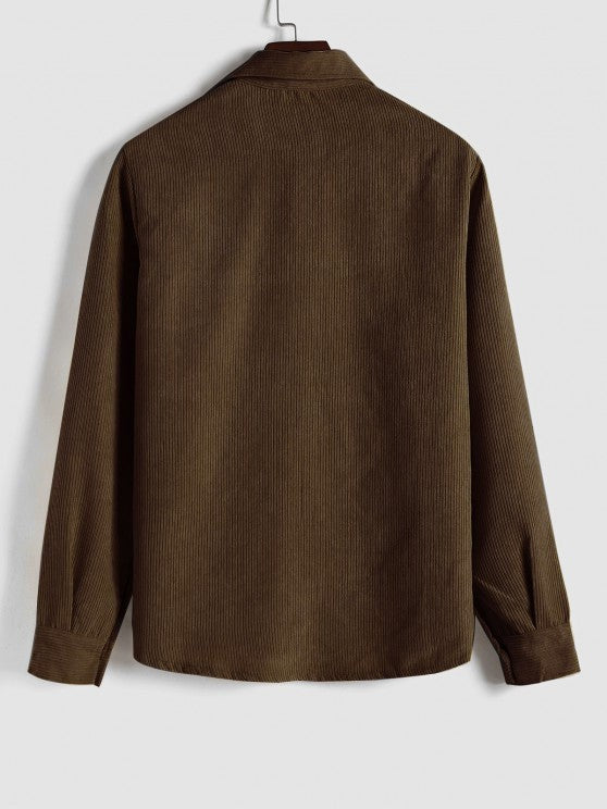 Back view of olive brown corduroy shirt with wide collar