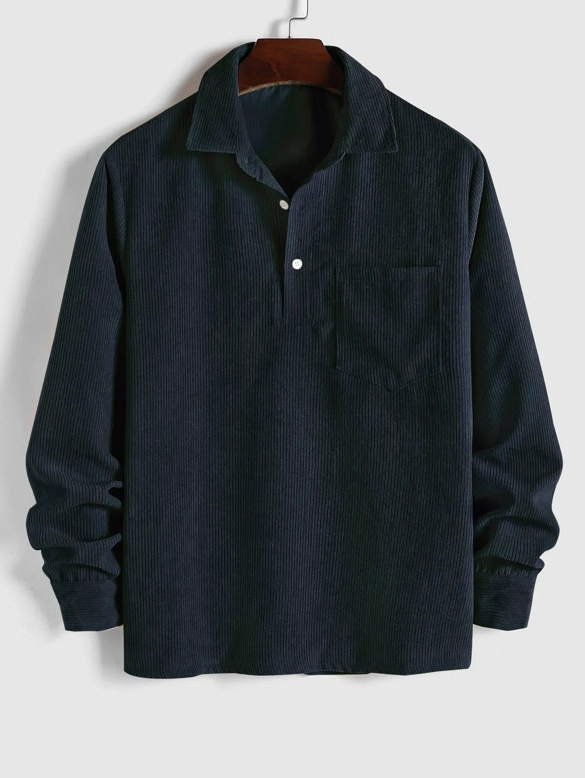 Front view of navy corduroy popover shirt with button placket