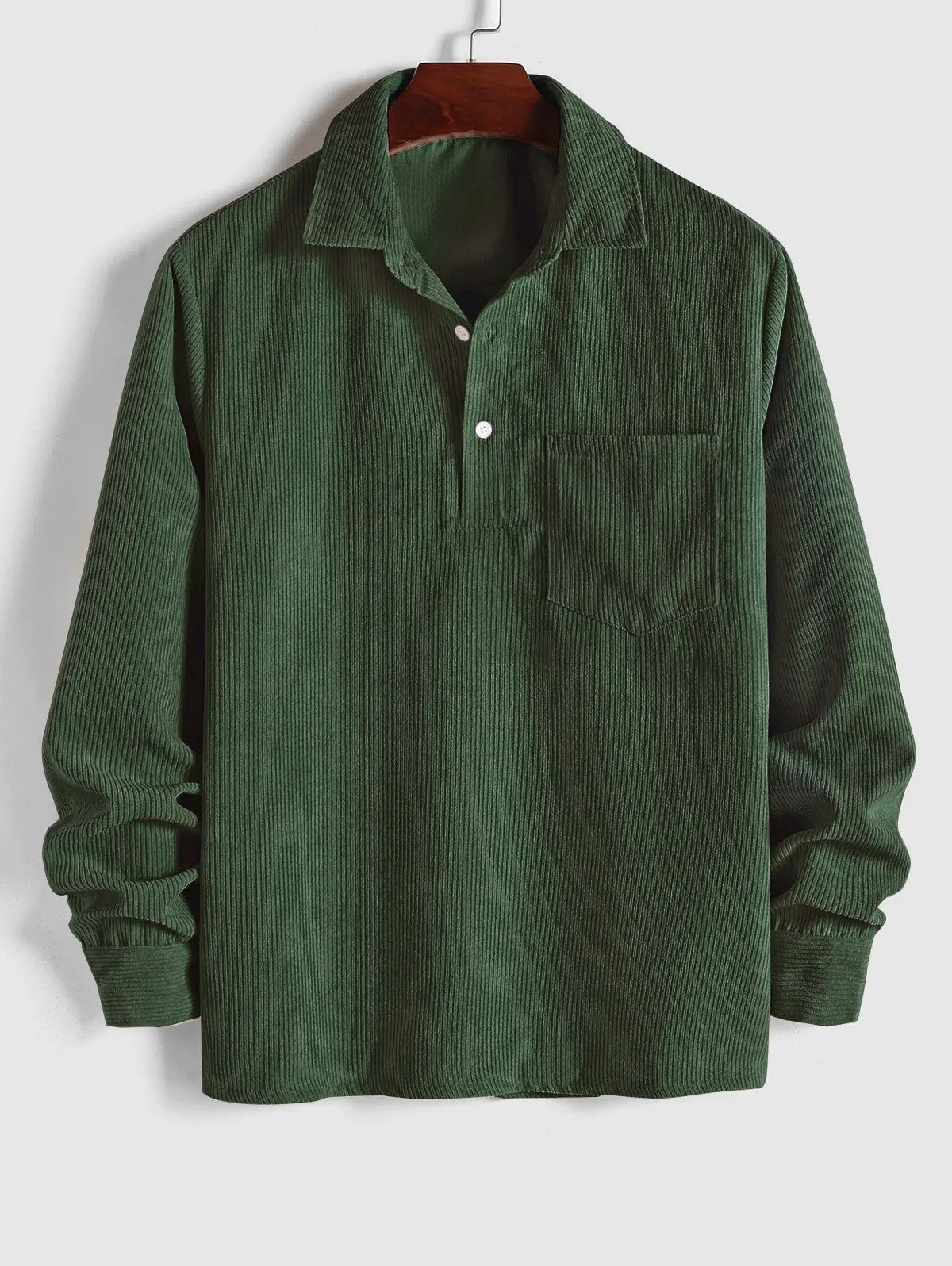 Forest green corduroy long sleeve shirt with patch pocket