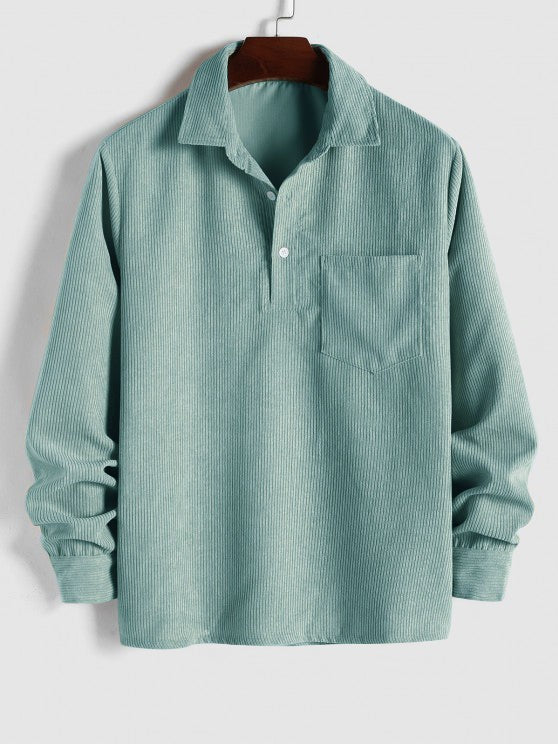 Sage green corduroy popover shirt with open collar