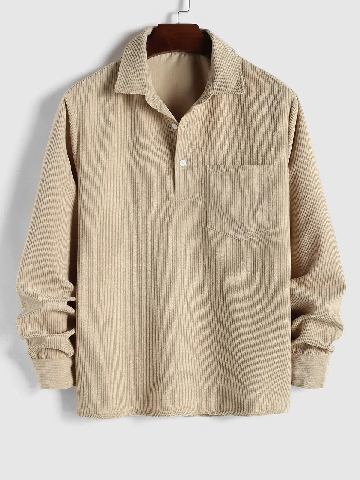 Beige corduroy popover shirt with ribbed cuffs
