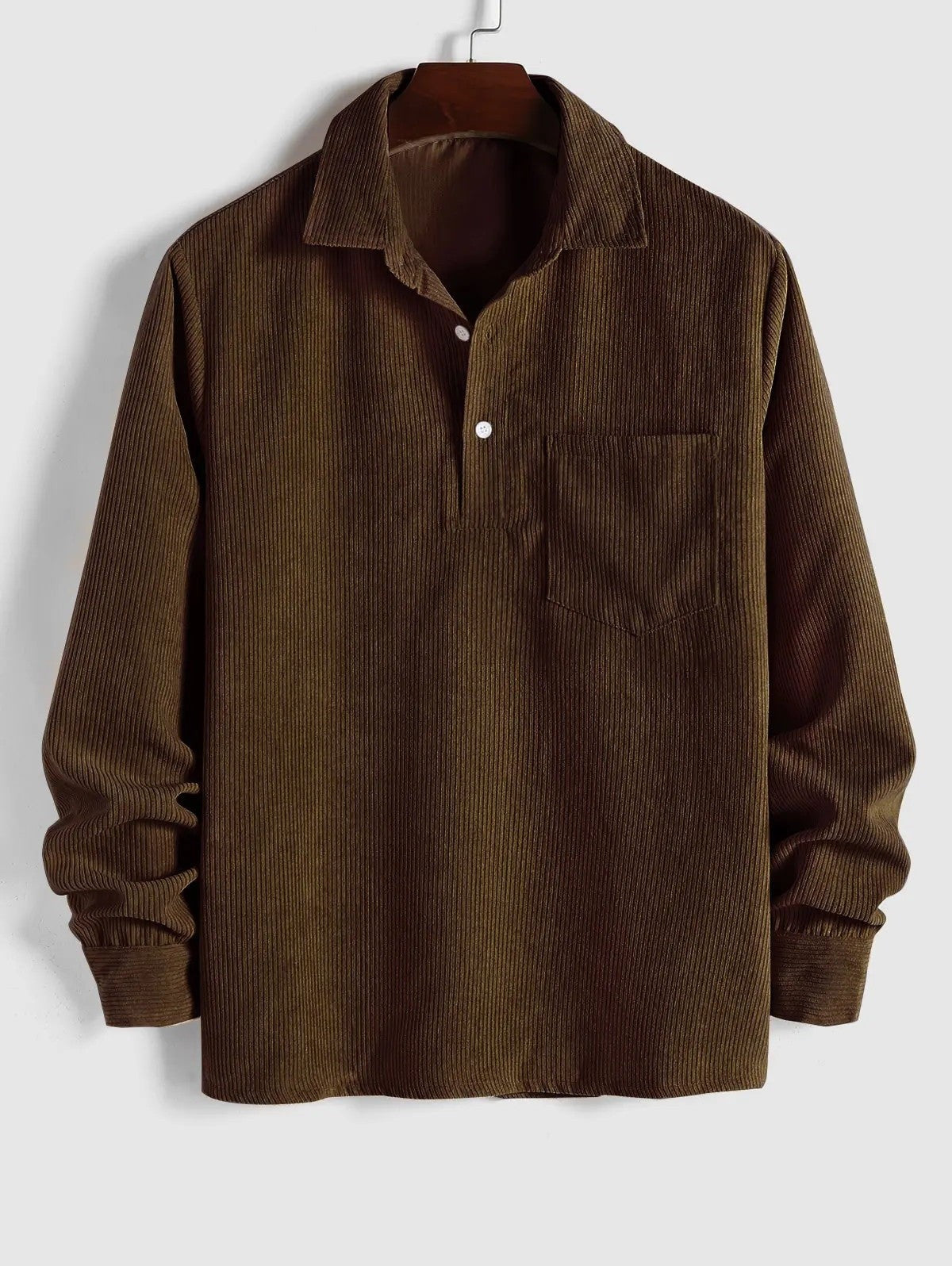 Olive brown corduroy long sleeve shirt on wooden hanger