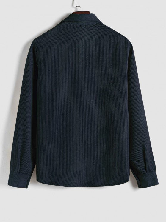 Back view of navy corduroy long sleeve shirt with collar