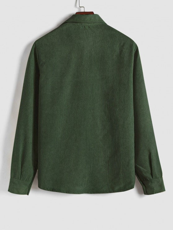 Back view of forest green corduroy shirt with ribbed texture