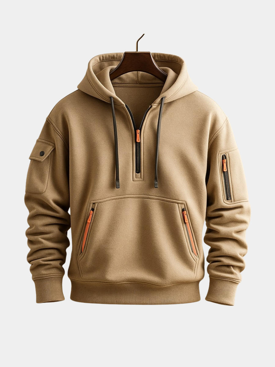 Camel fleece half-zip hoodie with contrast orange zips and utility pocket