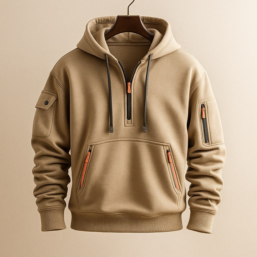 Beige half-zip hoodie featuring sleeve pocket and orange zip detailing