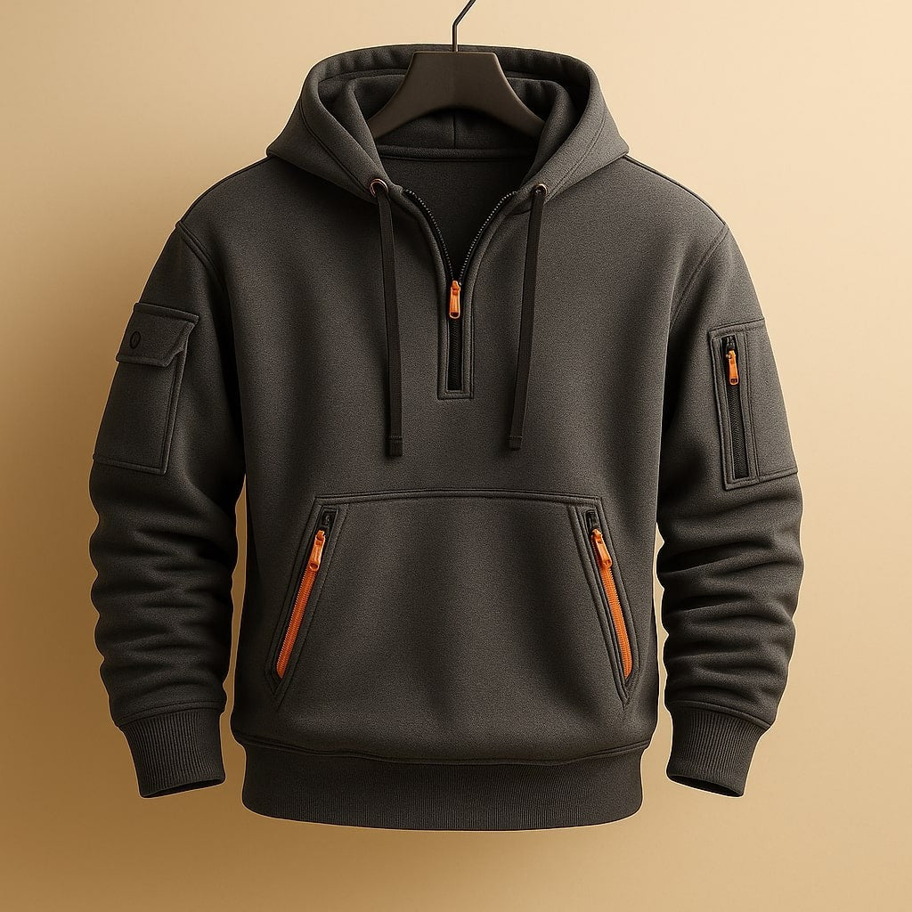 Charcoal fleece half-zip hoodie with utility sleeve pocket and drawstrings