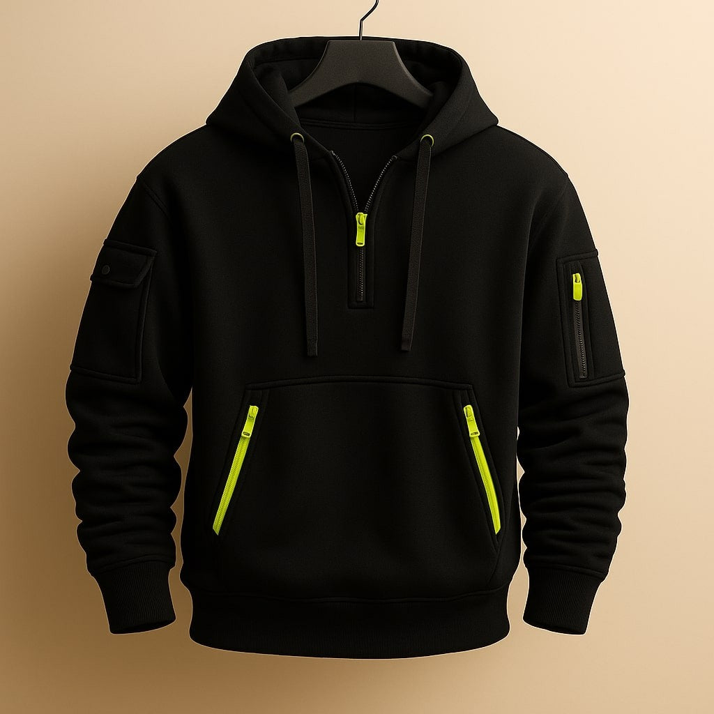 Black half-zip hoodie with contrasting neon zip pulls and pockets