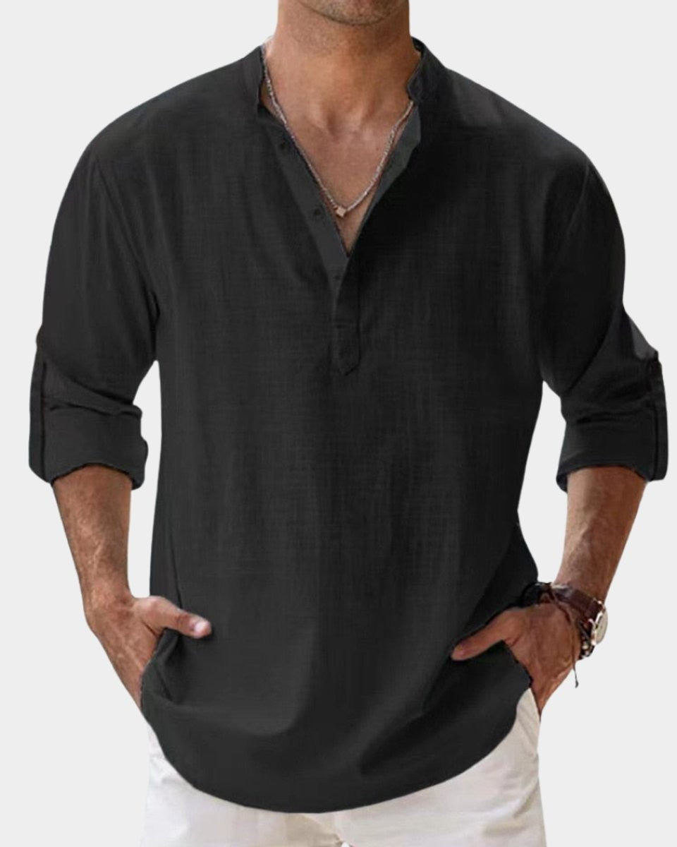 Black linen Henley shirt with roll-up sleeves and stand collar