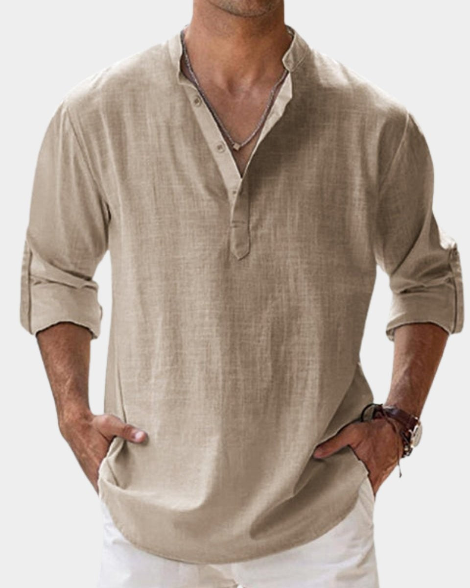 Beige linen Henley shirt with contrast trim and buttoned placket