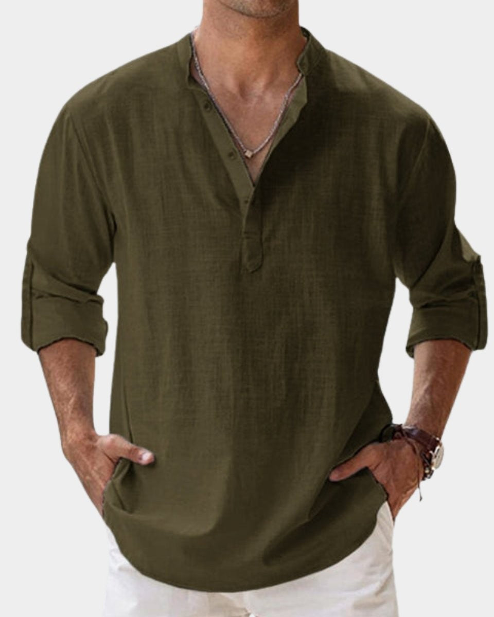 Olive green linen Henley shirt featuring stand collar and rolled sleeves