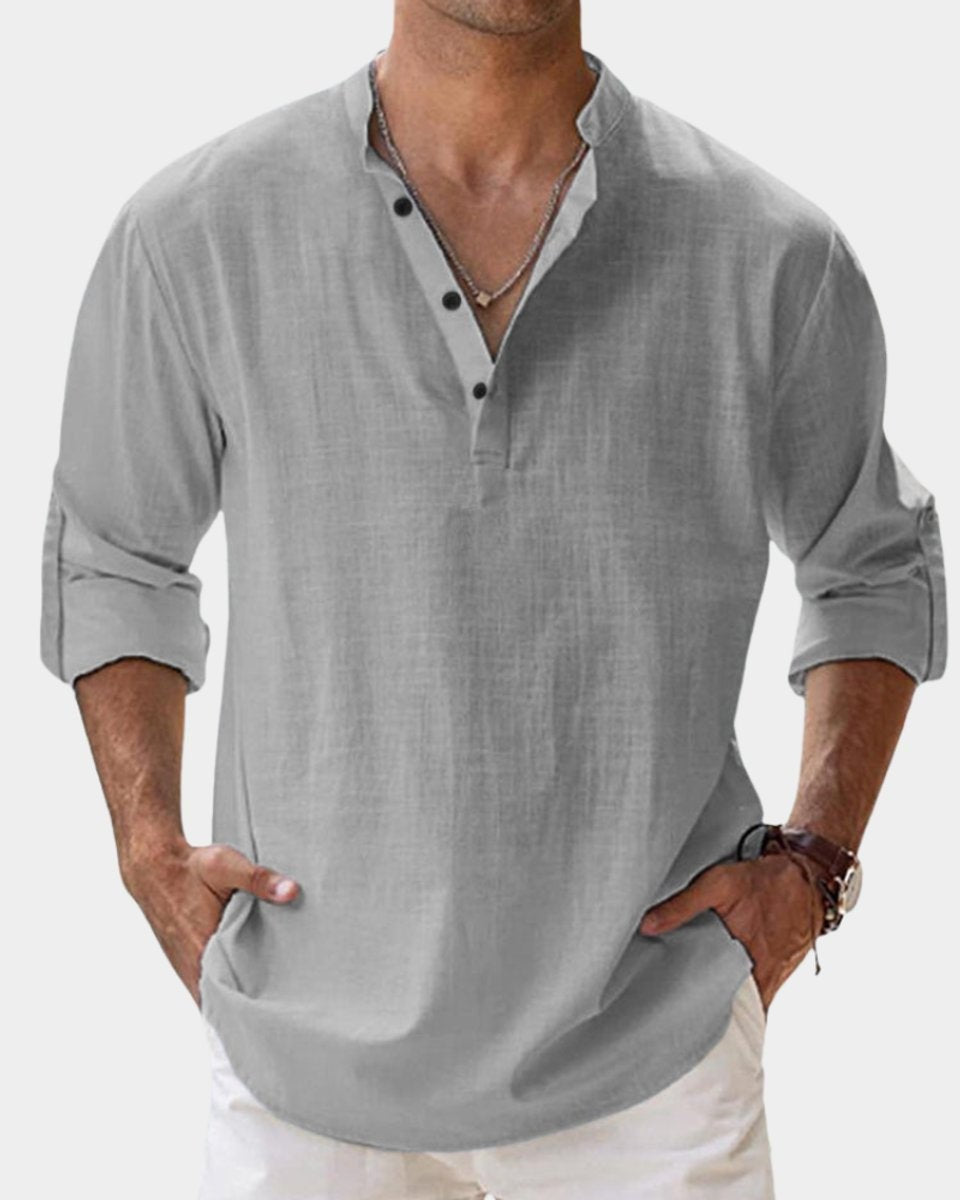 Grey linen Henley shirt with contrast stand collar and rolled cuffs
