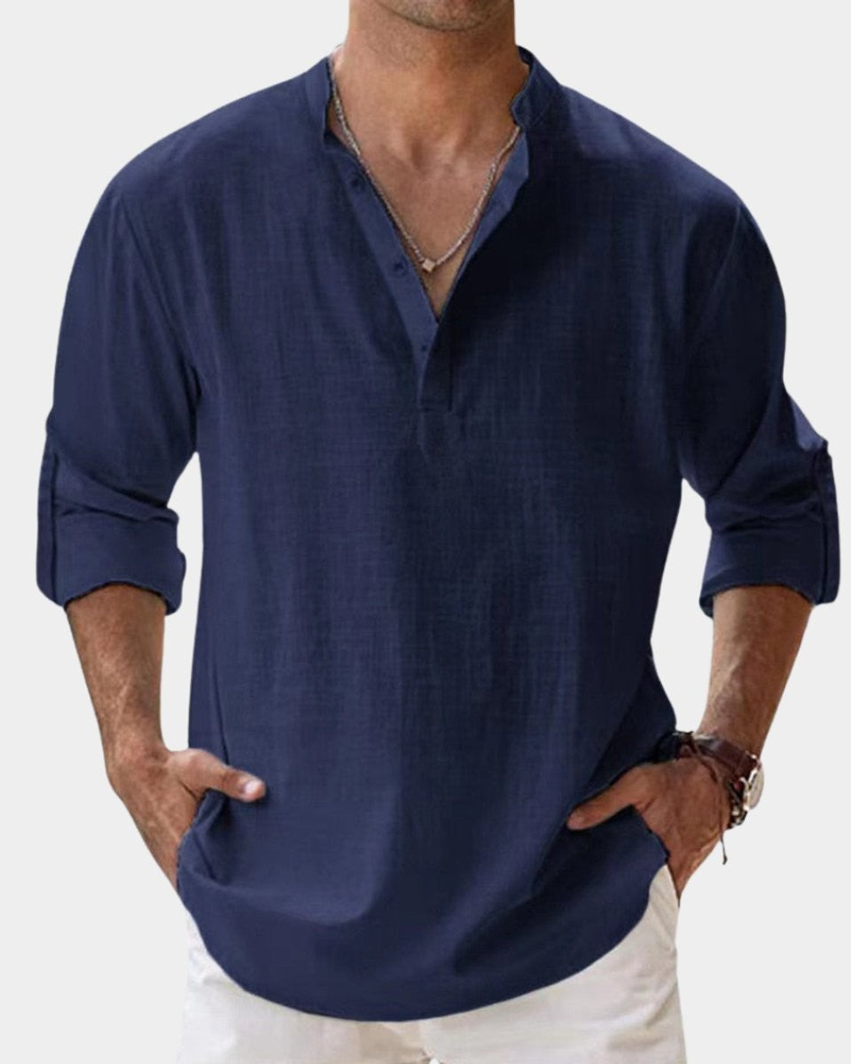 Navy linen Henley shirt with roll-up sleeves and casual relaxed fit