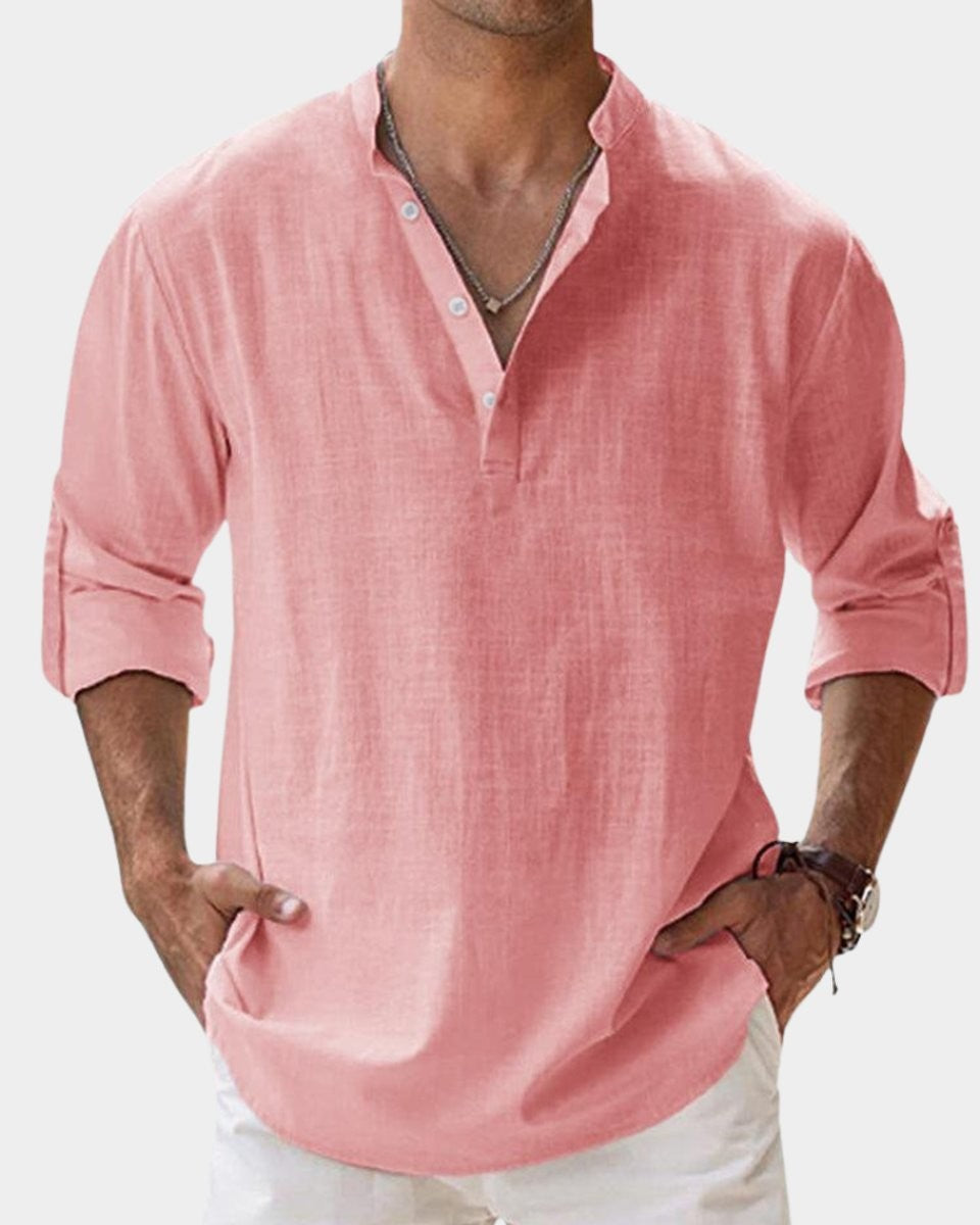Coral pink linen Henley shirt with buttoned collar and long sleeves