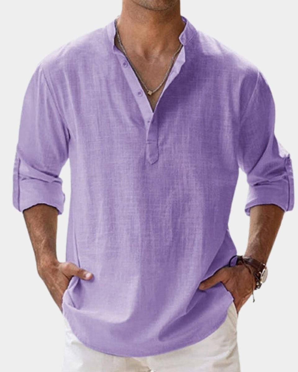 Lilac linen Henley shirt featuring stand collar and rolled-up cuffs