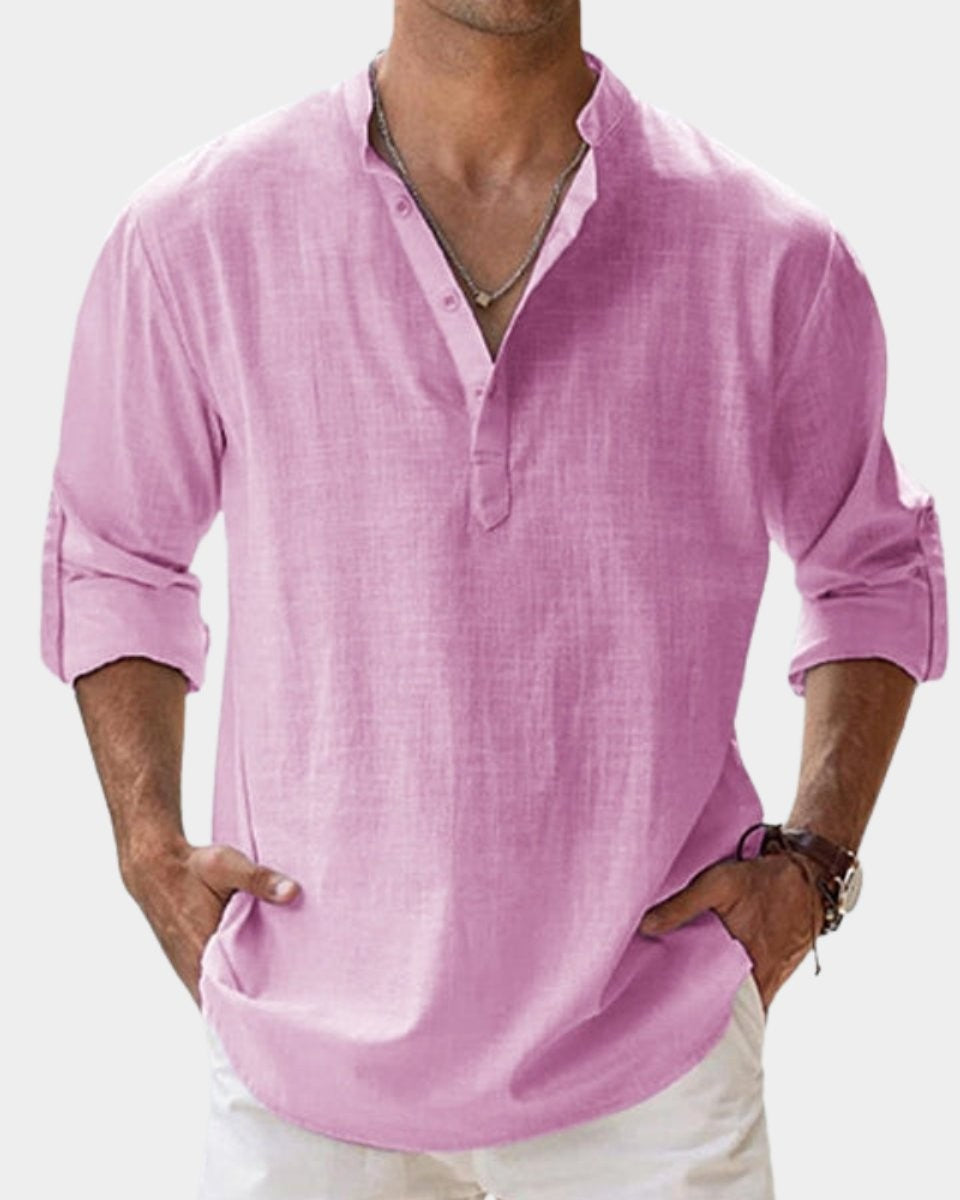 Dusty pink linen Henley shirt with relaxed fit and buttoned neckline