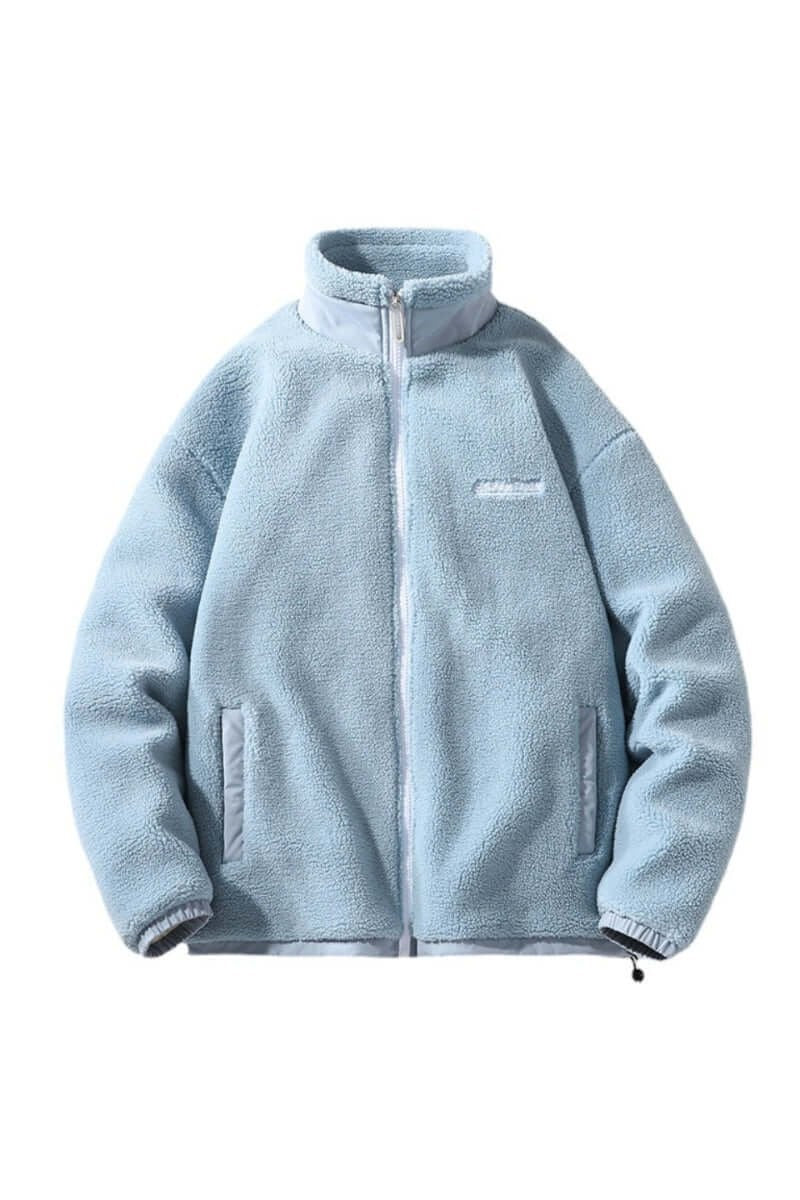Pale blue sherpa fleece zip-up jacket with high collar and side pockets