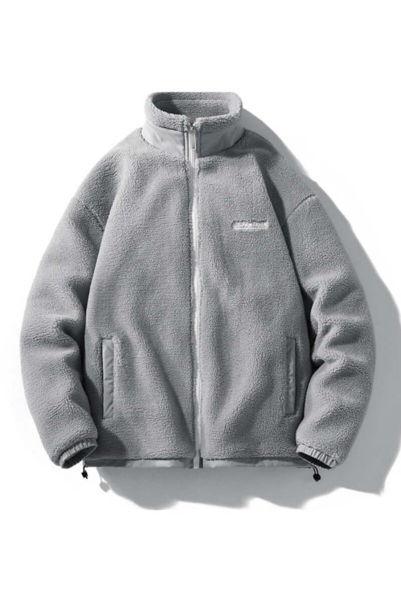 Grey sherpa fleece bomber jacket featuring full zip and stand collar