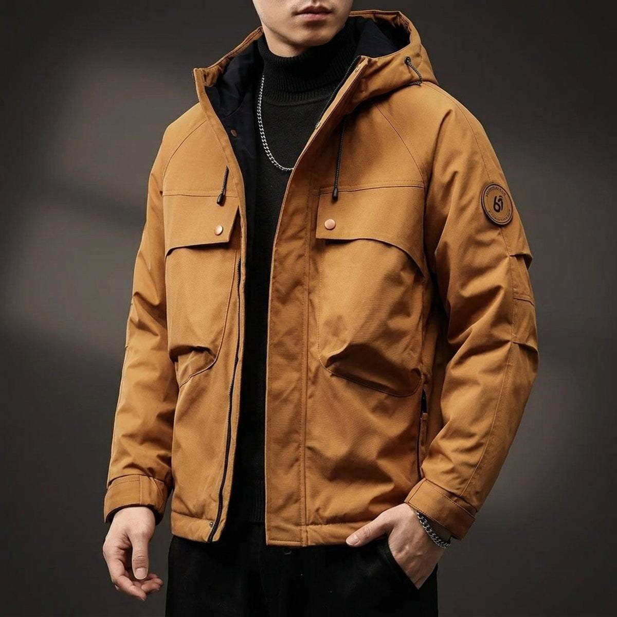 Camel hooded cargo jacket with press-stud flap pockets and drawstring hood