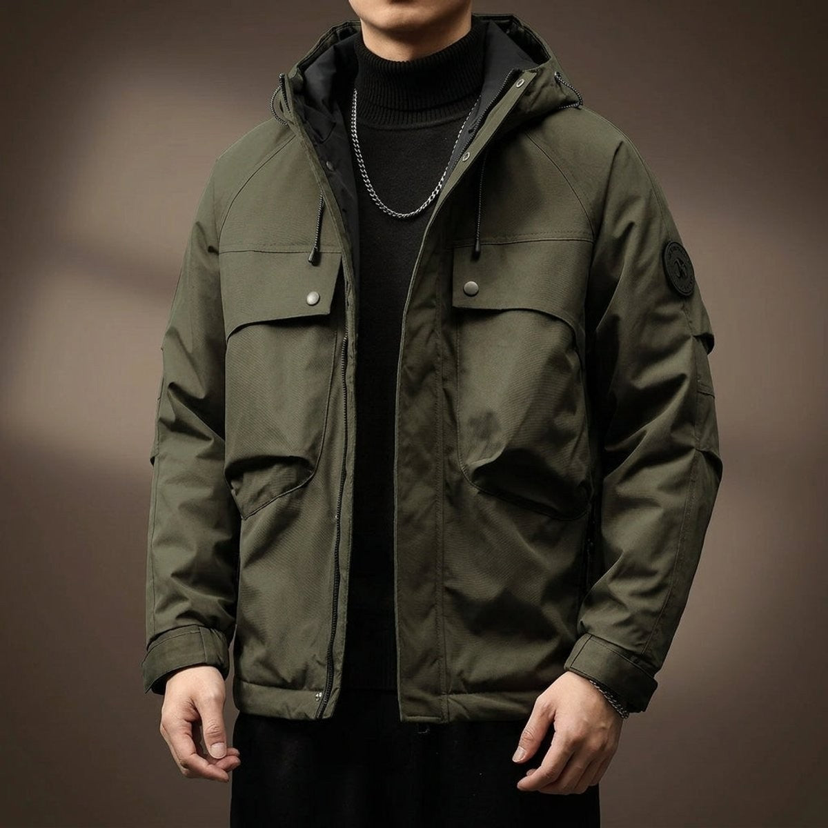 Olive green waterproof cargo jacket with zip fastening and hood