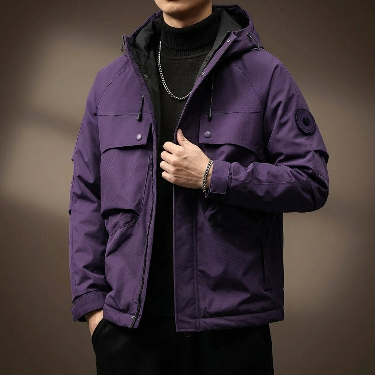 Purple hooded cargo jacket with press-stud fastenings and relaxed fit