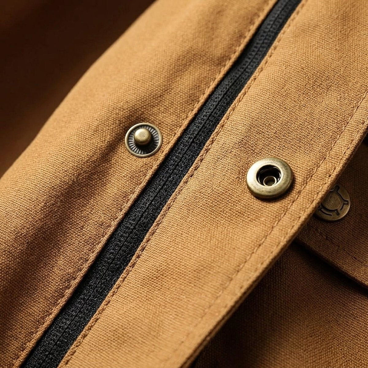 Close-up of antique brass press studs on camel cargo jacket pocket