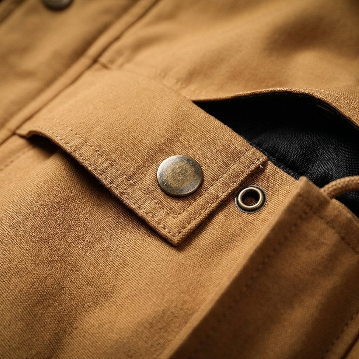 Detail shot of bronze snap button and eyelet on camel jacket flap
