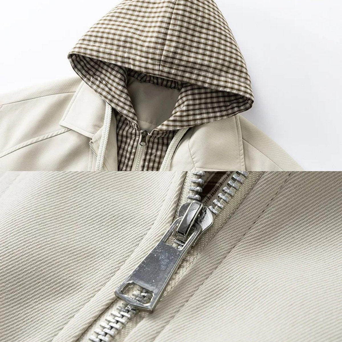 Close-up of plaid-lined hood and zip detail on cream bomber jacket