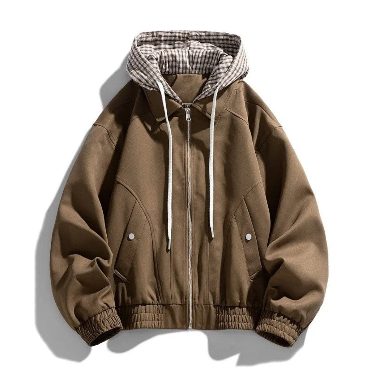 Brown hooded bomber jacket with checked lining and drawstring hood