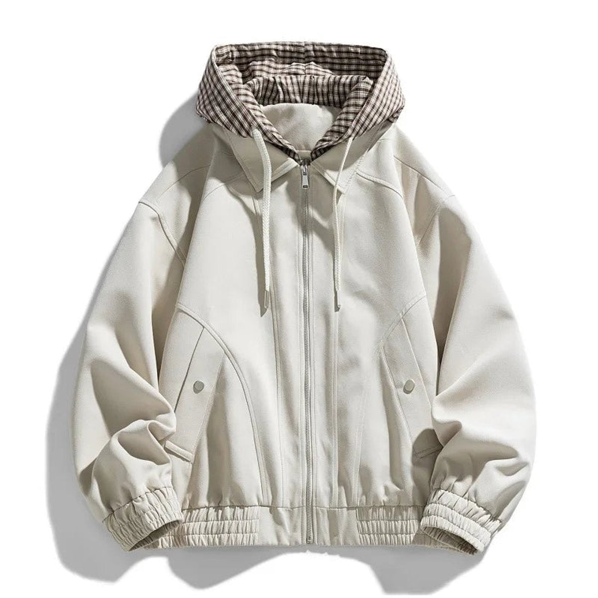 Cream hooded bomber jacket with checked lining and popper pockets