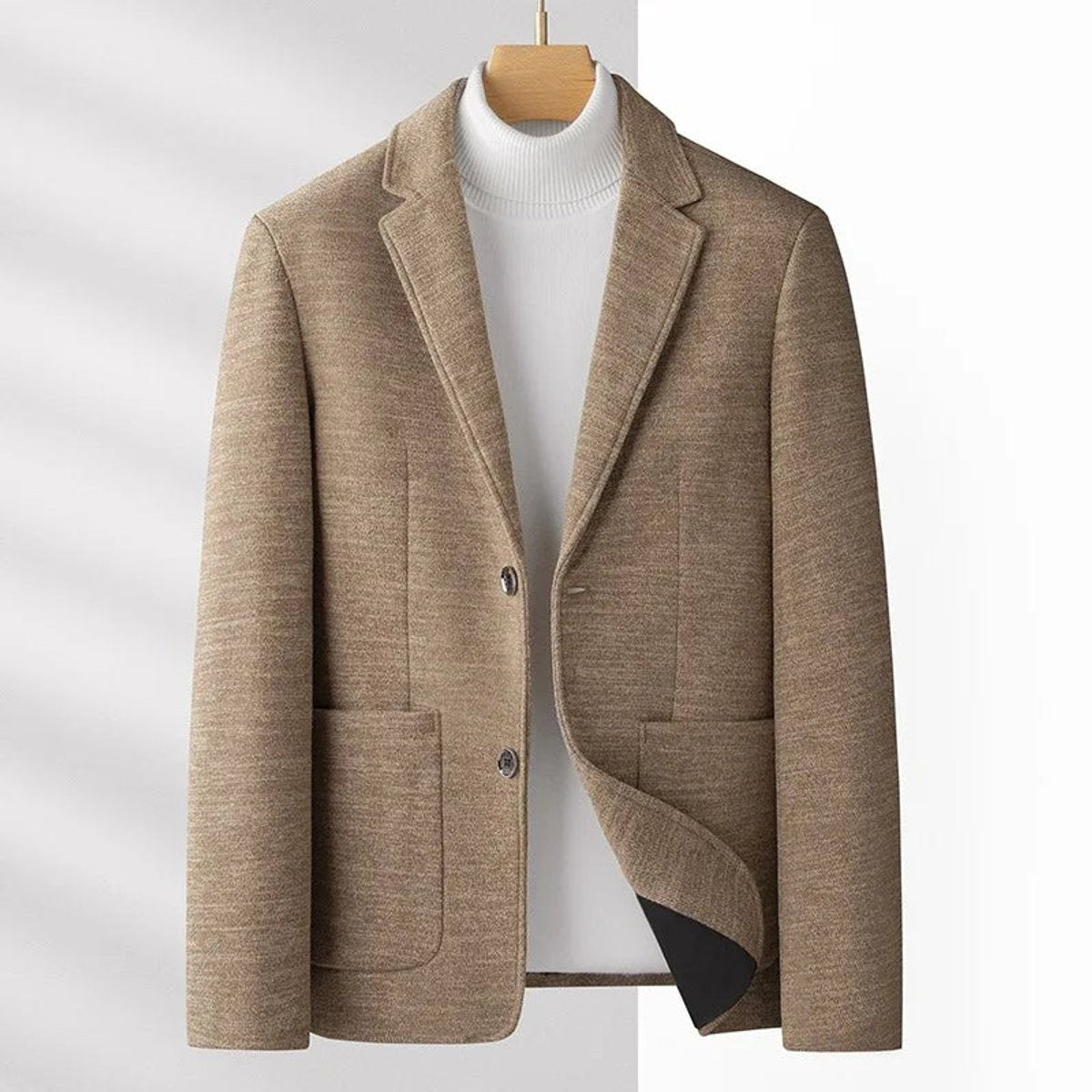 Camel wool-blend blazer with notch lapel and patch pockets on hanger