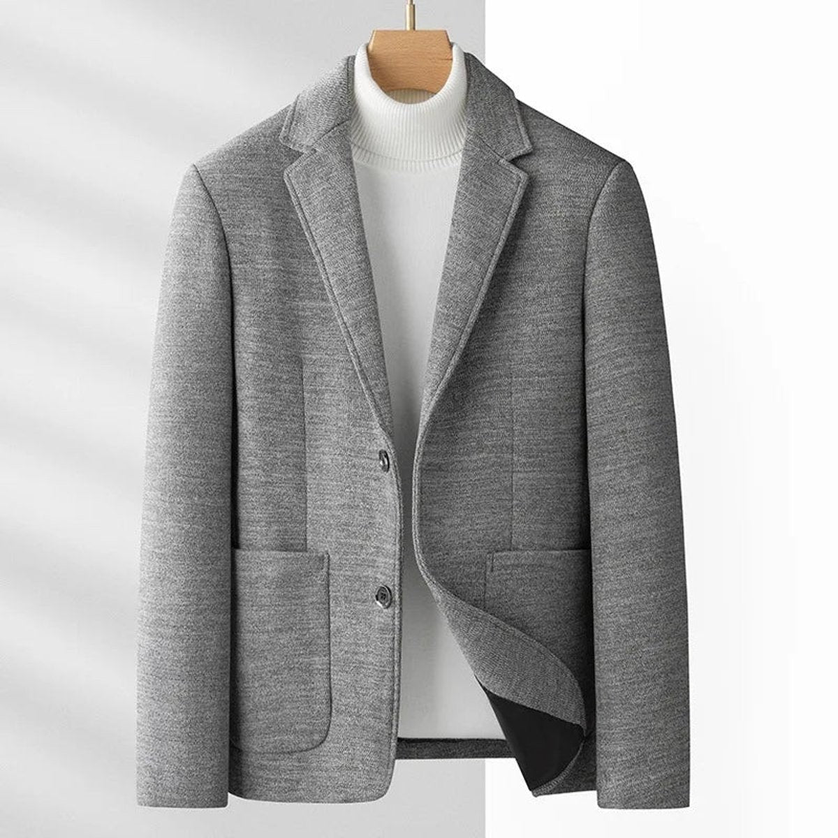 Grey wool-blend smart casual blazer featuring notch lapel and buttoned cuffs