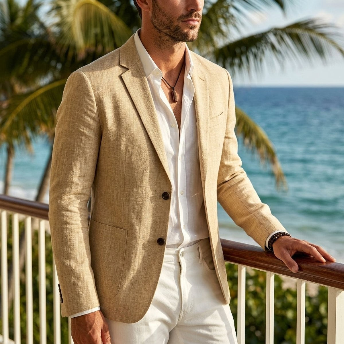 Beige linen blazer jacket paired with white trousers for relaxed summer tailoring