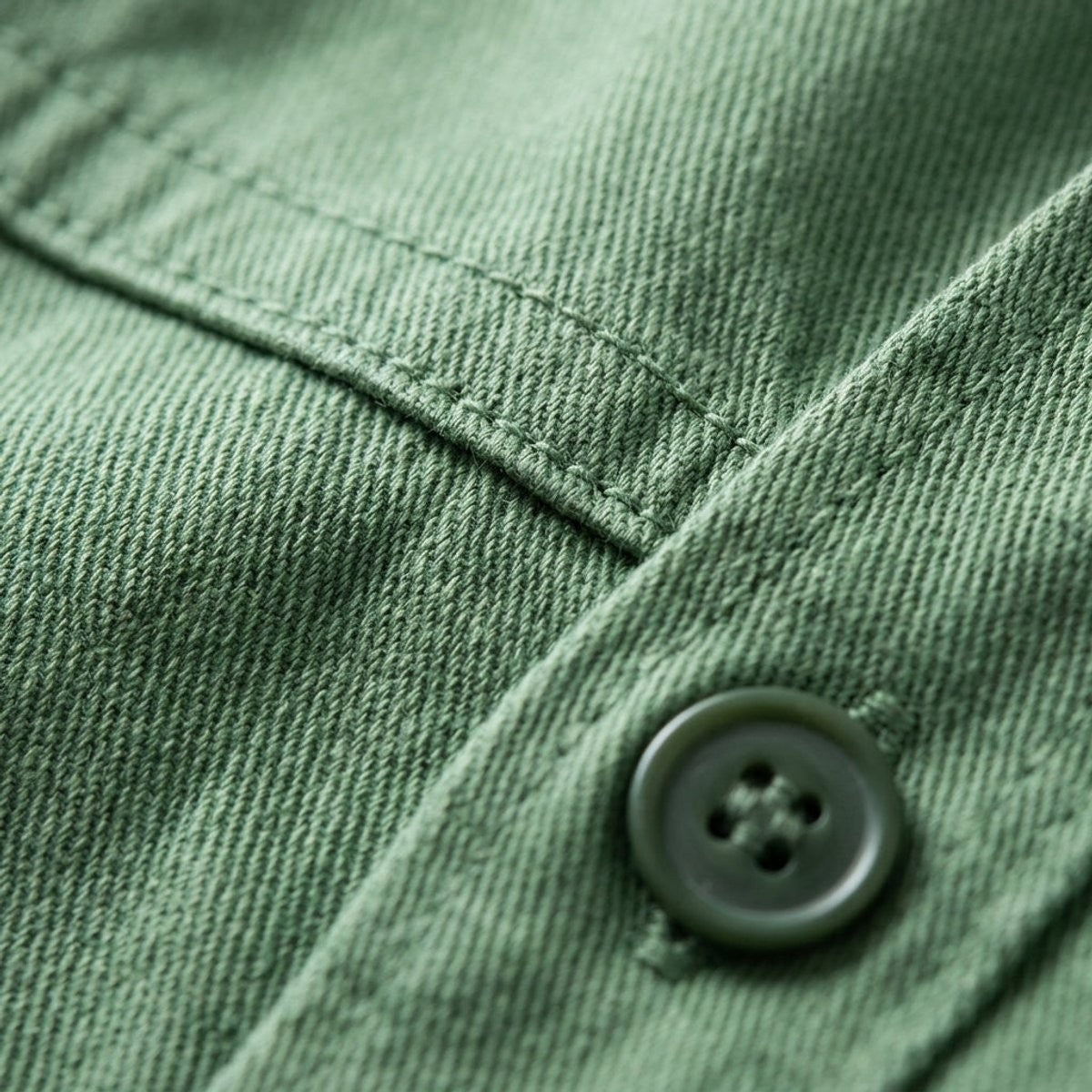 Close-up of sage green cotton twill fabric with corozo-style button detail